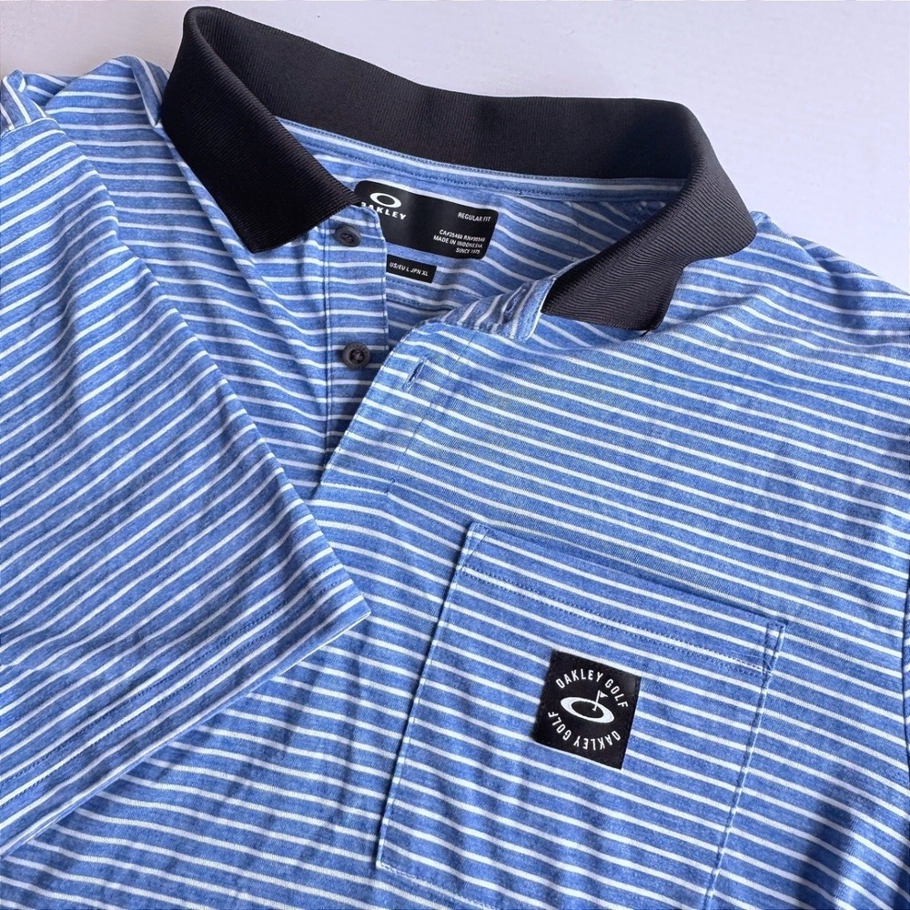 Oakley Golf Polo Shirt Mens Large Blue White Striped Short Sleeve Regular Fit